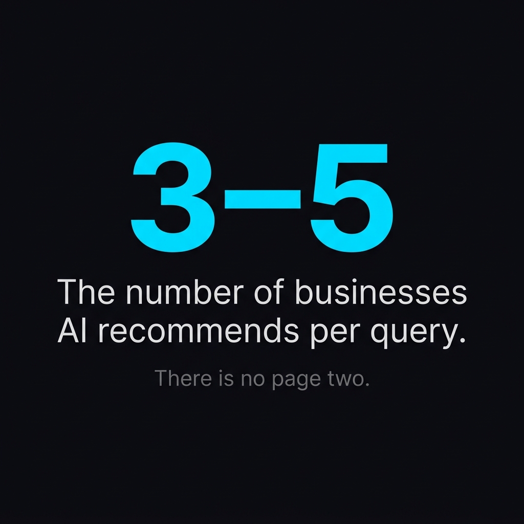 A dark-themed graphic with large cyan text showing '3-5'. Below is white text reading 'The number of businesses AI recommends per query.' and smaller gray text stating 'There is no page two.'