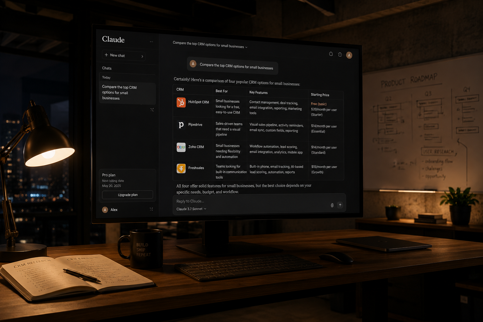 A computer monitor in a dark office displaying the Claude AI interface. The user prompt asks to compare the top CRM options for small businesses, and Claude provides a detailed comparison table featuring HubSpot CRM, Pipedrive, Zoho CRM, and Freshsales with columns for Best For, Key Features, and Starting Price.